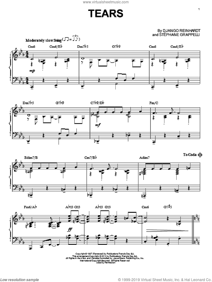 Tears (arr. Brent Edstrom) sheet music for piano solo by Django Reinhardt, intermediate skill level