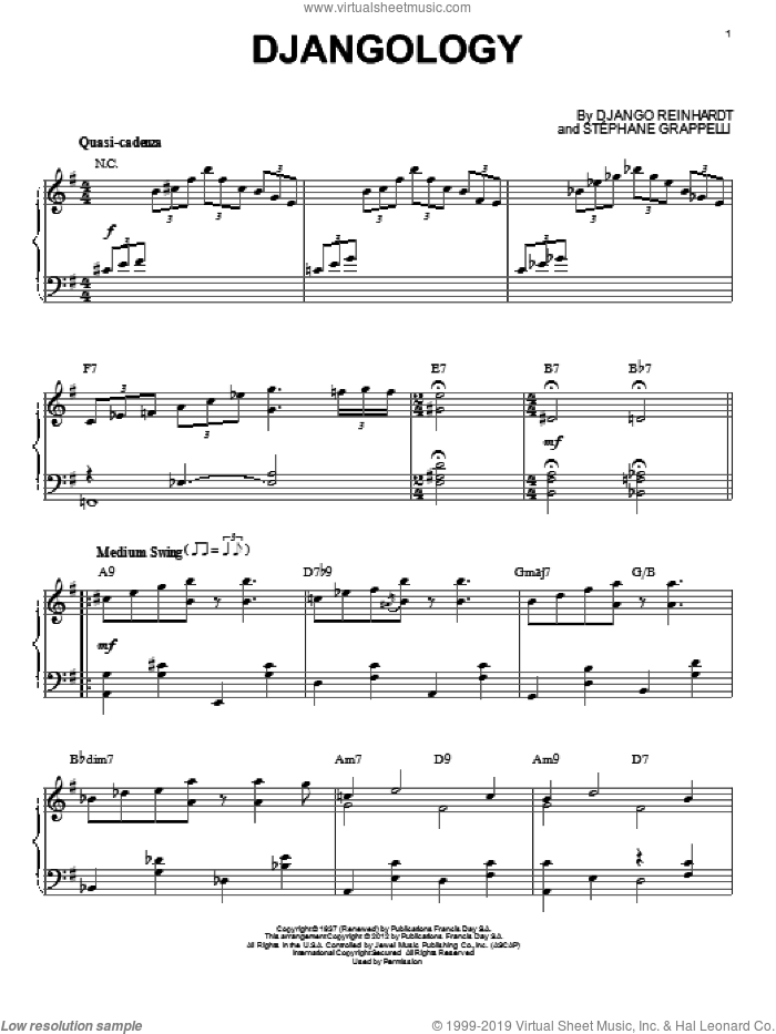 Djangology (arr. Brent Edstrom) sheet music for piano solo by Django Reinhardt, intermediate skill level