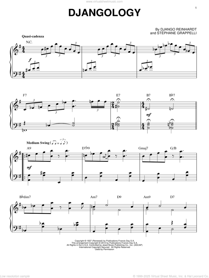Djangology (arr. Brent Edstrom) sheet music for piano solo by Django Reinhardt, intermediate skill level
