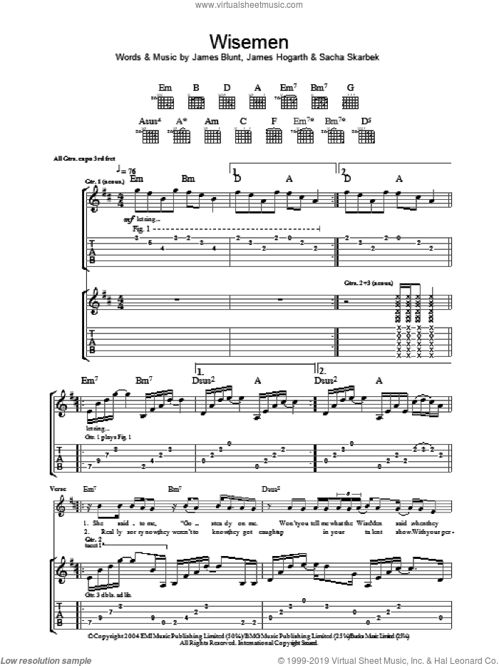 Wisemen sheet music for guitar (tablature) by James Blunt, James Hogarth and Sacha Skarbek, intermediate skill level