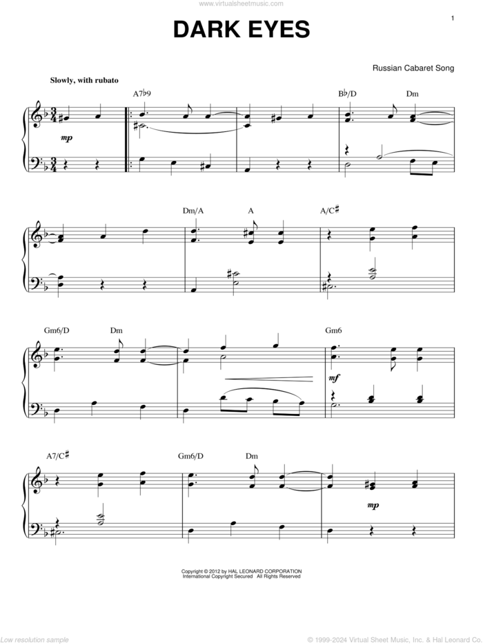 Dark Eyes (arr. Brent Edstrom) sheet music for piano solo by Django Reinhardt and Miscellaneous, intermediate skill level