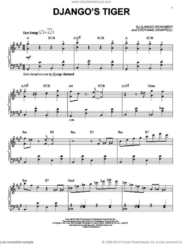 Django's Tiger (arr. Brent Edstrom) sheet music for piano solo by Django Reinhardt, intermediate skill level