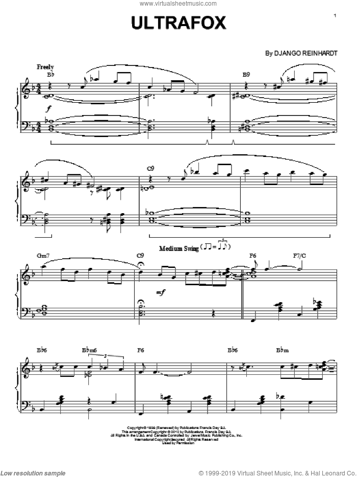 Ultrafox (arr. Brent Edstrom) sheet music for piano solo by Django Reinhardt, intermediate skill level