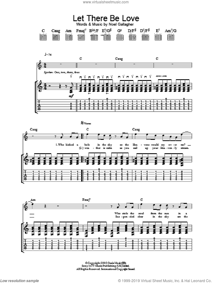 Let There Be Love sheet music for guitar (tablature) by Oasis and Noel Gallagher, intermediate skill level