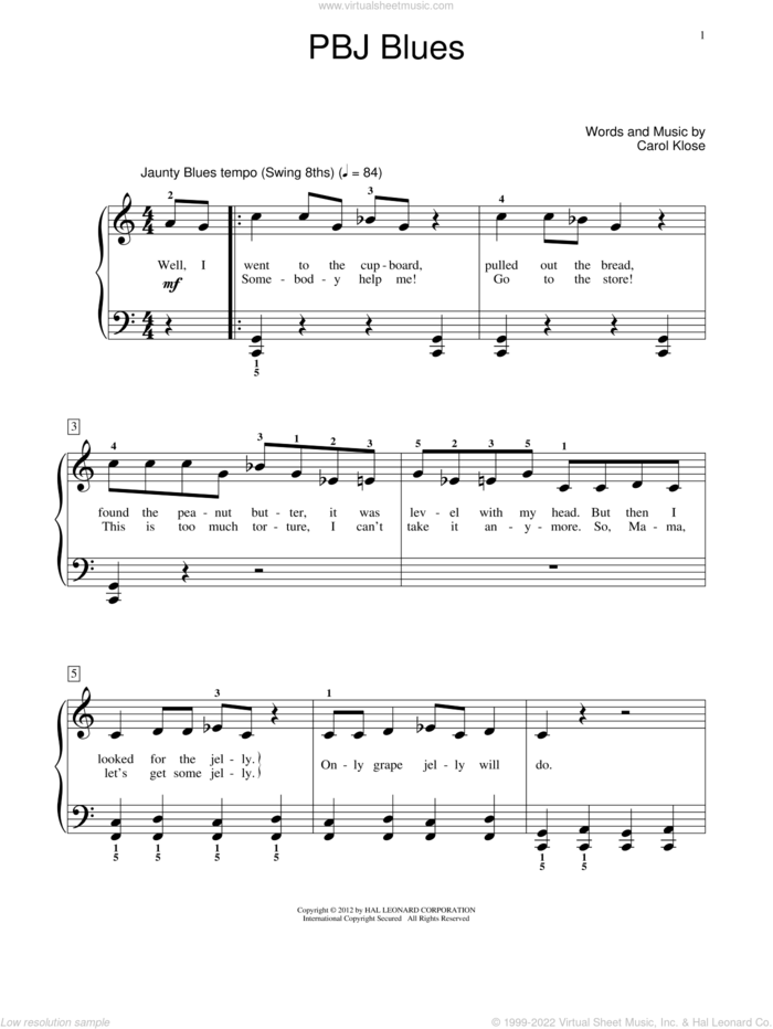 PBJ Blues sheet music for piano solo (elementary) by Carol Klose and Miscellaneous, beginner piano (elementary)