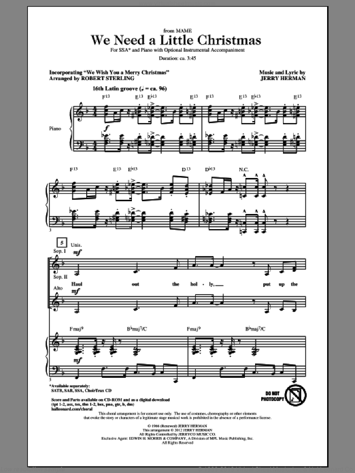 We Need A Little Christmas sheet music for choir (SSA: soprano, alto) by Jerry Herman and Robert Sterling, intermediate skill level