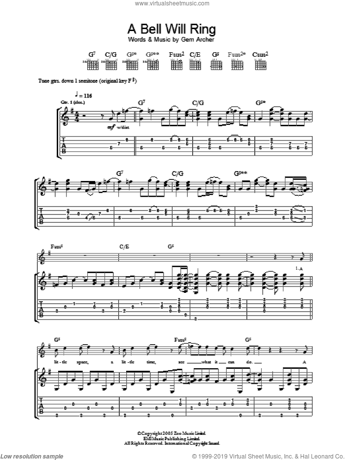 A Bell Will Ring sheet music for guitar (tablature) by Oasis and Gem Archer, intermediate skill level