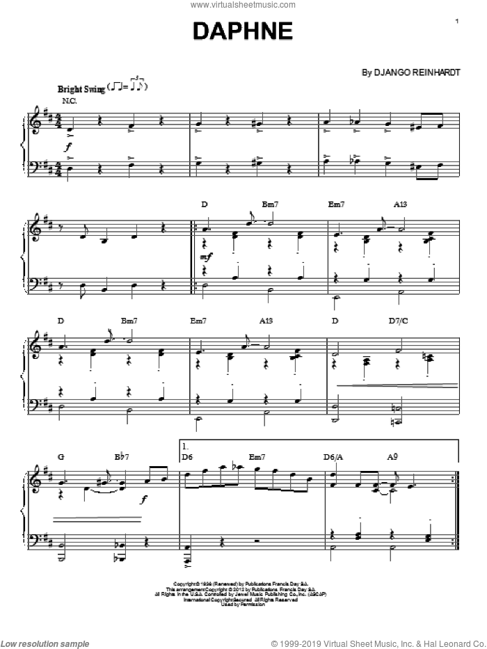 Daphne (arr. Brent Edstrom) sheet music for piano solo by Django Reinhardt, intermediate skill level