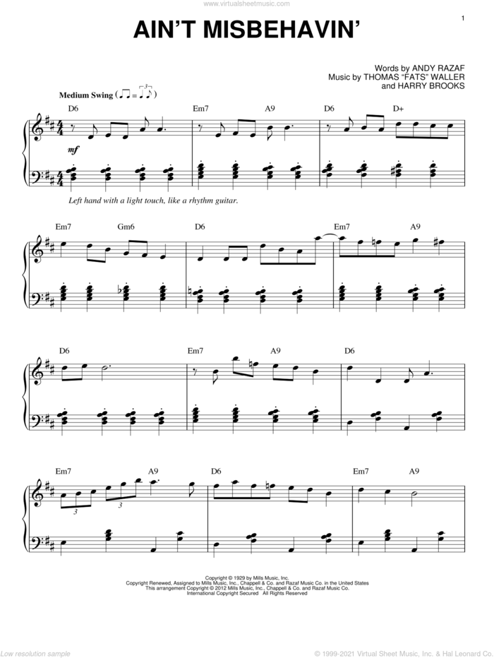 Ain't Misbehavin' (arr. Brent Edstrom) sheet music for piano solo by Fats Waller, intermediate skill level
