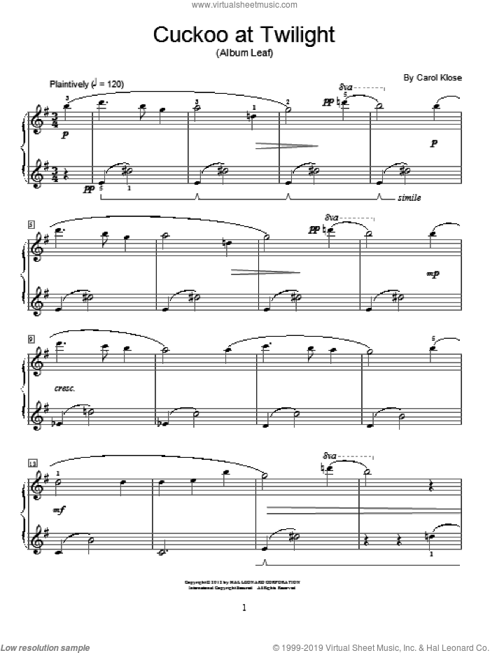 Cuckoo At Twilight sheet music for piano solo (elementary) by Carol Klose and Miscellaneous, beginner piano (elementary)