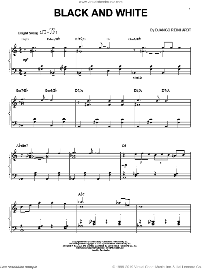 Black And White (arr. Brent Edstrom) sheet music for piano solo by Django Reinhardt, intermediate skill level