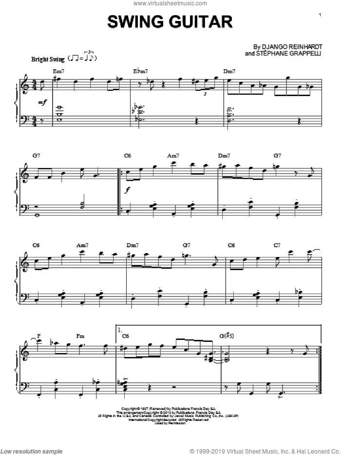 Swing Guitar (arr. Brent Edstrom) sheet music for piano solo by Django Reinhardt, intermediate skill level