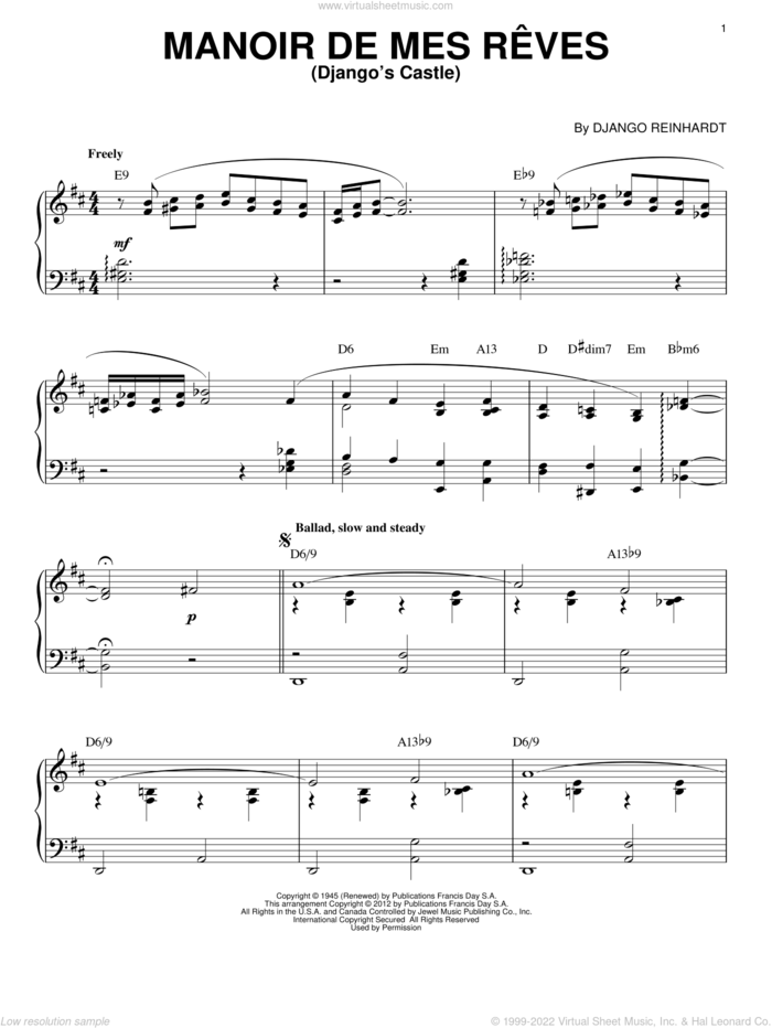 Manoir De Mes Reves (Django's Castle) (arr. Brent Edstrom) sheet music for piano solo by Django Reinhardt, intermediate skill level