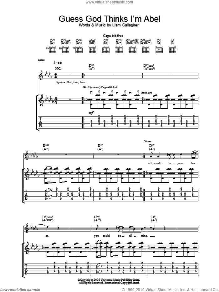 Guess God Thinks I'm Abel sheet music for guitar (tablature) by Oasis and Liam Gallagher, intermediate skill level