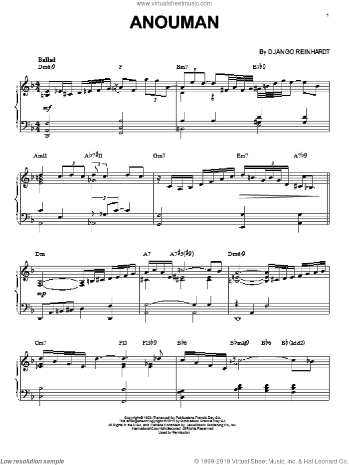 Anouman (arr. Brent Edstrom) sheet music for piano solo by Django Reinhardt, intermediate skill level