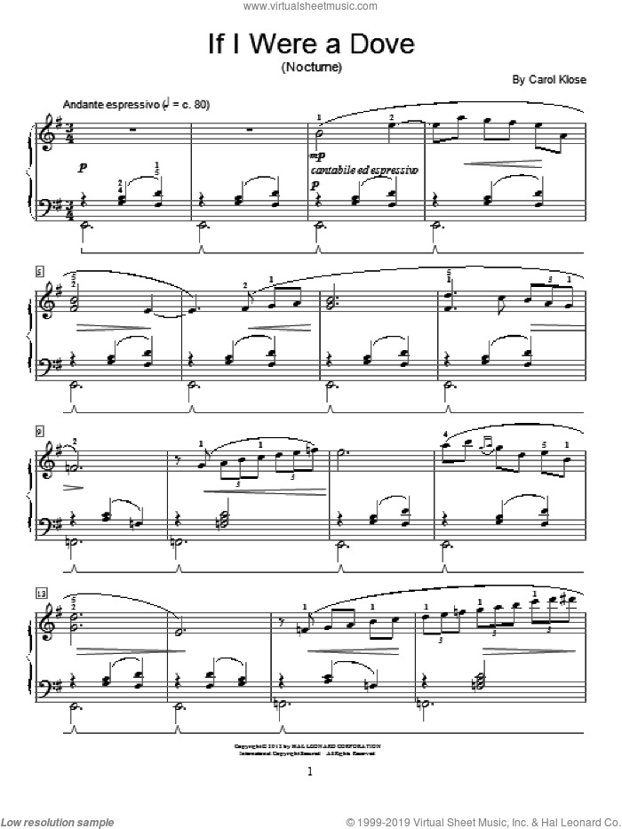 If I Were A Dove sheet music for piano solo (elementary) by Carol Klose and Miscellaneous, beginner piano (elementary)
