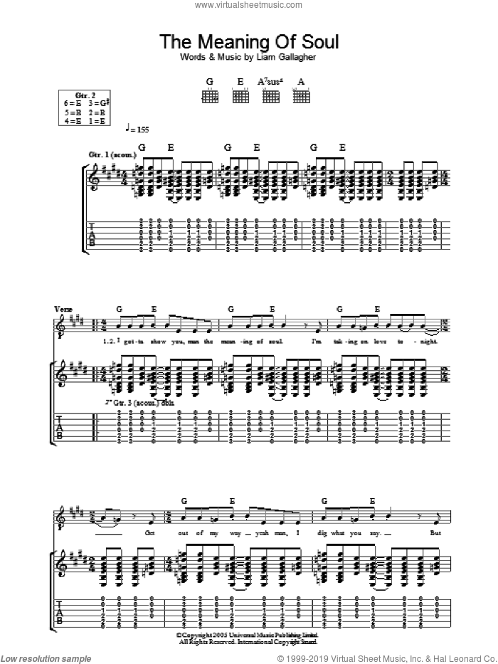 The Meaning Of Soul sheet music for guitar (tablature) by Oasis and Liam Gallagher, intermediate skill level