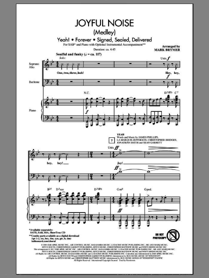 Joyful Noise (Medley) sheet music for choir (SAB: soprano, alto, bass) by Mark Brymer, intermediate skill level