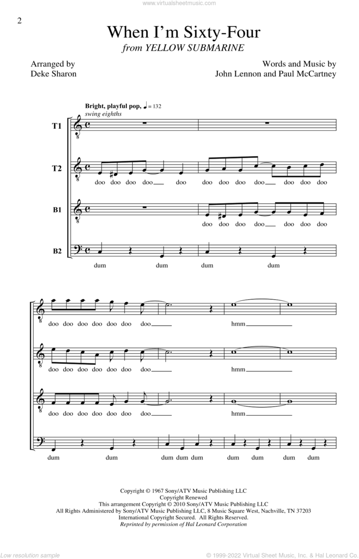 When I'm Sixty-Four sheet music for choir (TTBB: tenor, bass) by Deke Sharon and The Beatles, intermediate skill level