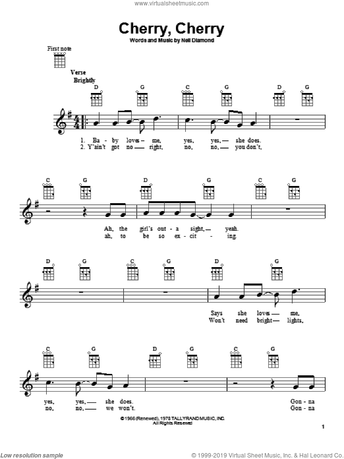 Cherry, Cherry sheet music for ukulele by Neil Diamond, intermediate skill level