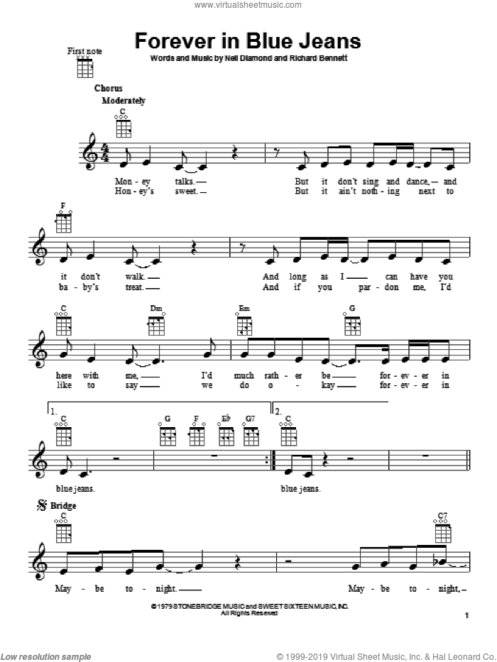 Forever In Blue Jeans sheet music for ukulele by Neil Diamond, intermediate skill level