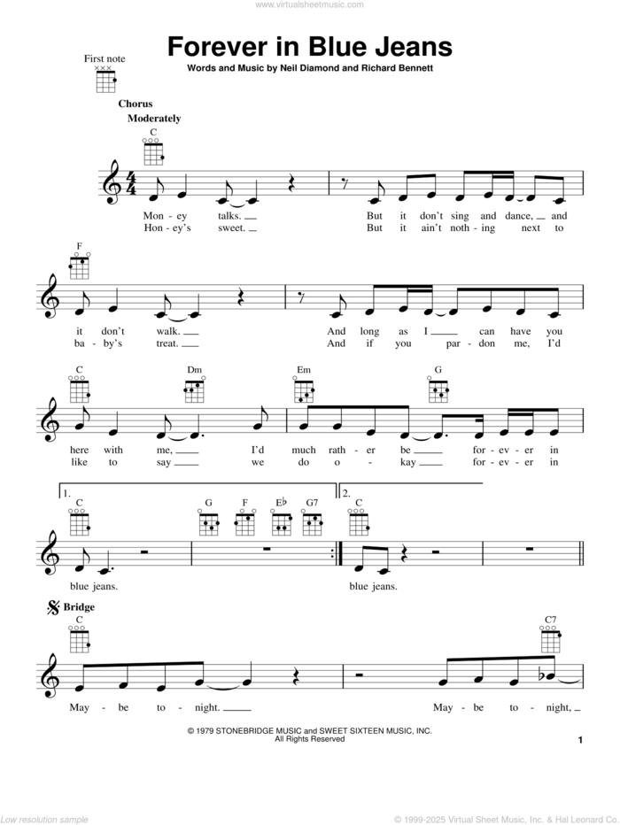 Forever In Blue Jeans sheet music for ukulele by Neil Diamond, intermediate skill level