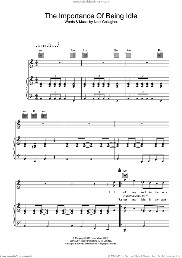 The Importance Of Being Idle sheet music for voice, piano or guitar by Oasis and Noel Gallagher, intermediate skill level
