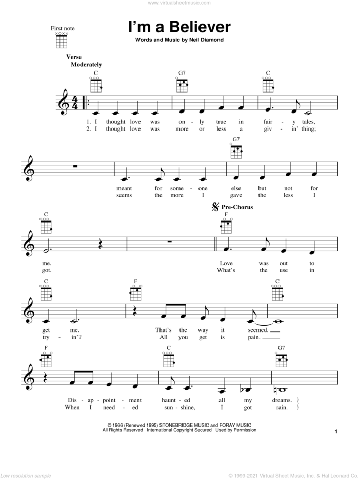 I'm A Believer sheet music for ukulele by Neil Diamond, intermediate skill level
