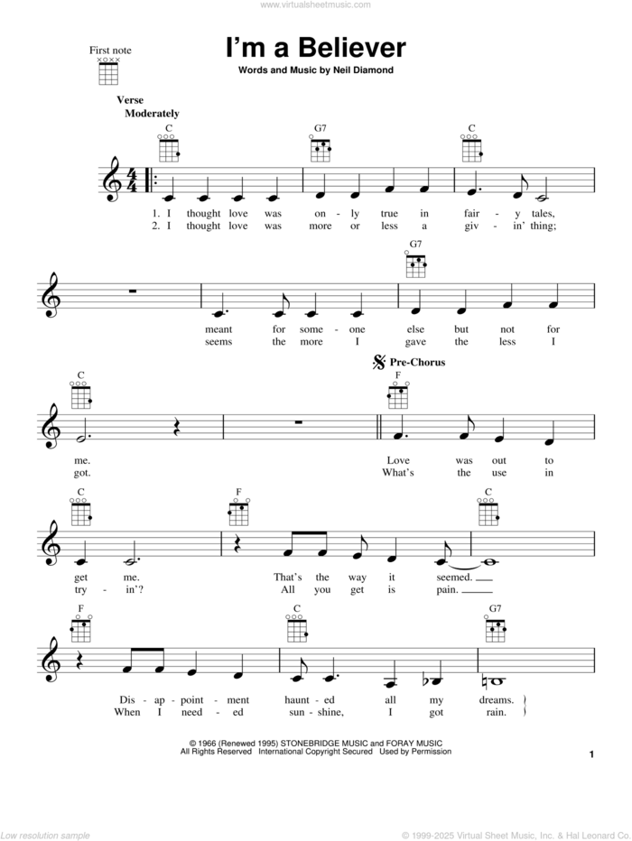 I'm A Believer sheet music for ukulele by Neil Diamond, intermediate skill level