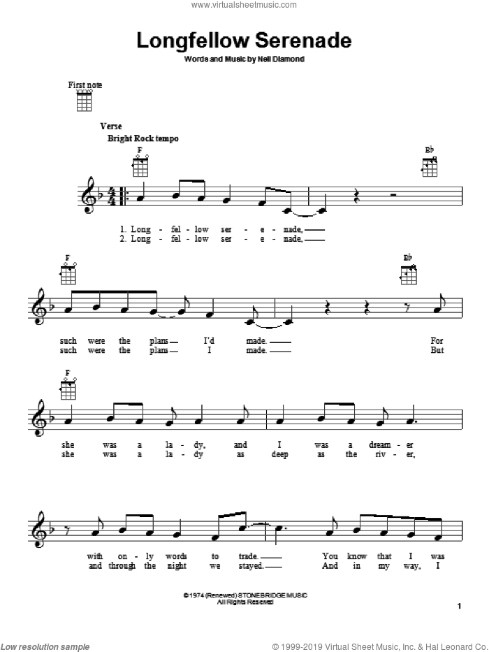 Longfellow Serenade sheet music for ukulele by Neil Diamond, intermediate skill level