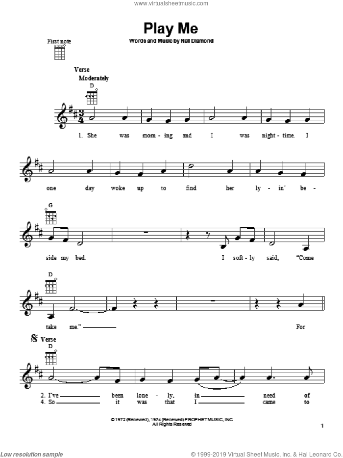 Play Me sheet music for ukulele by Neil Diamond, intermediate skill level