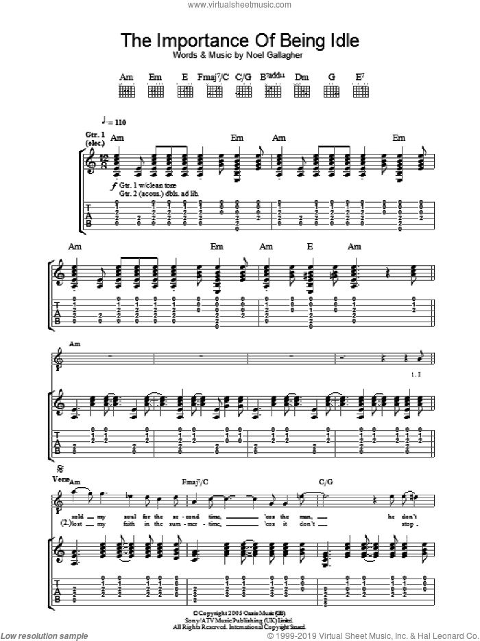 The Importance Of Being Idle sheet music for guitar (tablature) by Oasis and Noel Gallagher, intermediate skill level