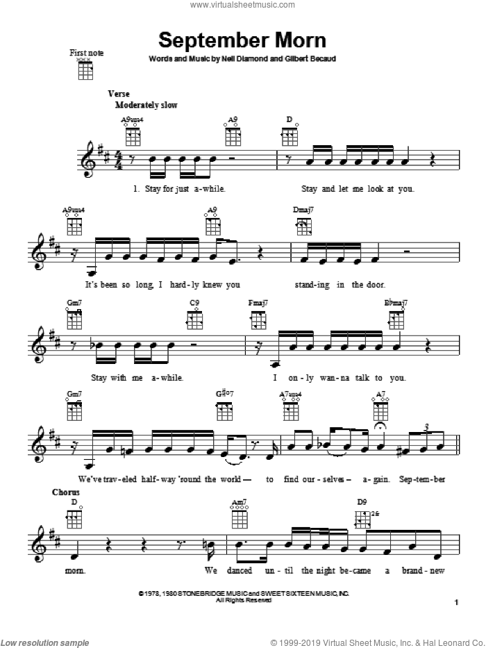 September Morn sheet music for ukulele by Neil Diamond, intermediate skill level