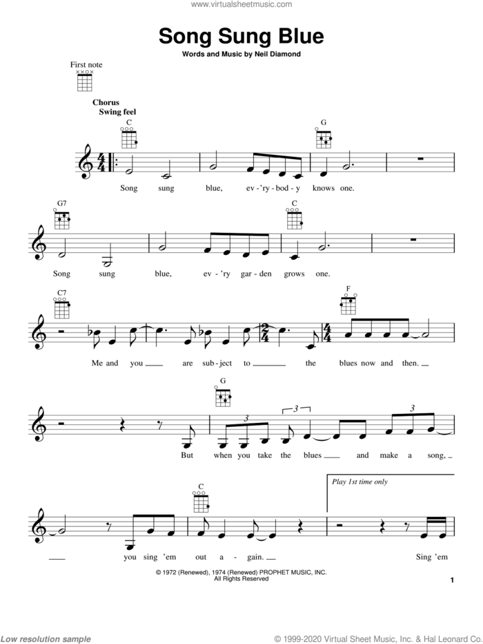 Song Sung Blue sheet music for ukulele by Neil Diamond, intermediate skill level
