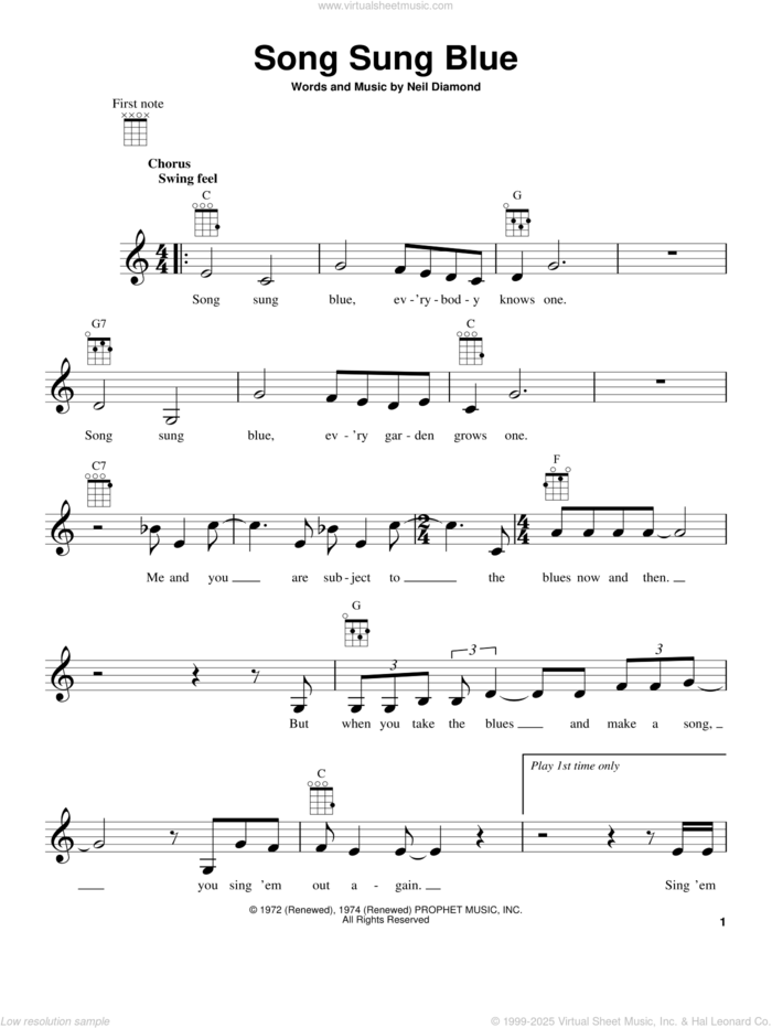 Song Sung Blue sheet music for ukulele by Neil Diamond, intermediate skill level