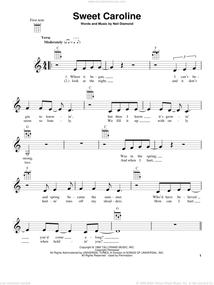 Sweet Caroline sheet music for ukulele by Neil Diamond, intermediate skill level