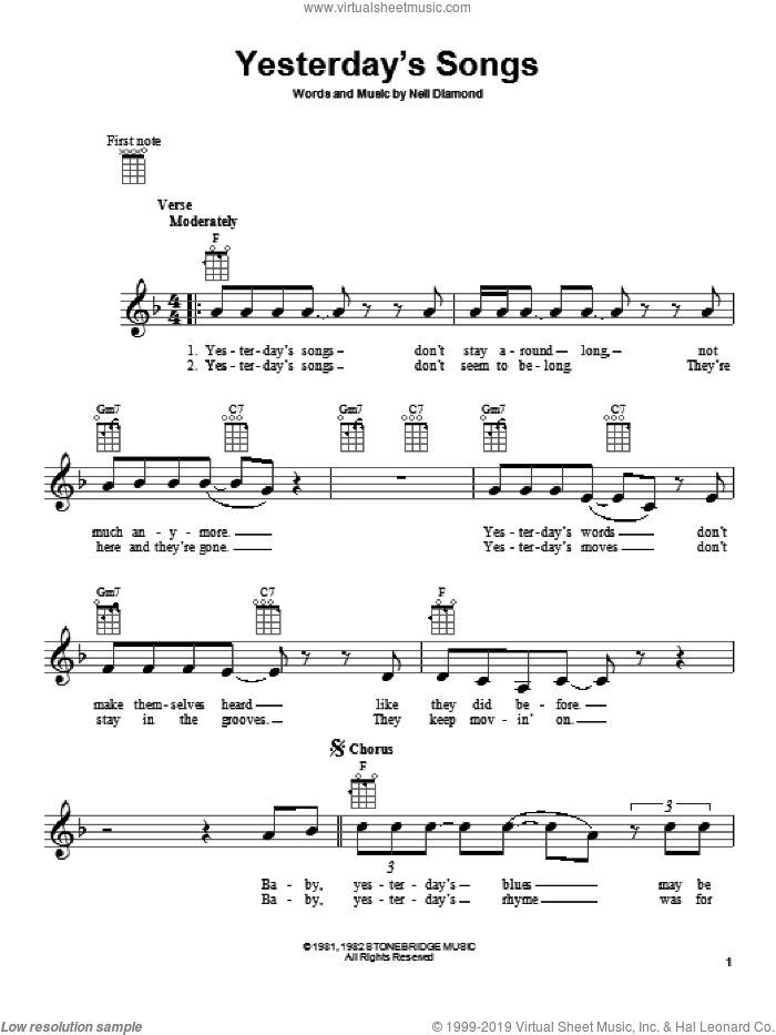 Yesterday's Songs sheet music for ukulele by Neil Diamond, intermediate skill level