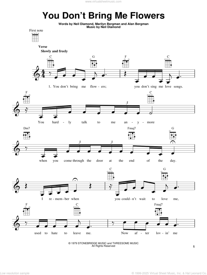 You Don't Bring Me Flowers sheet music for ukulele by Neil Diamond, intermediate skill level