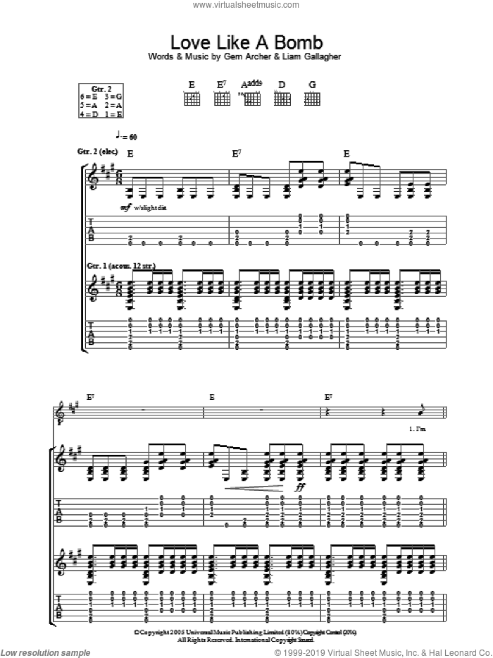 Love Like A Bomb sheet music for guitar (tablature) by Oasis, Gem Archer and Liam Gallagher, intermediate skill level