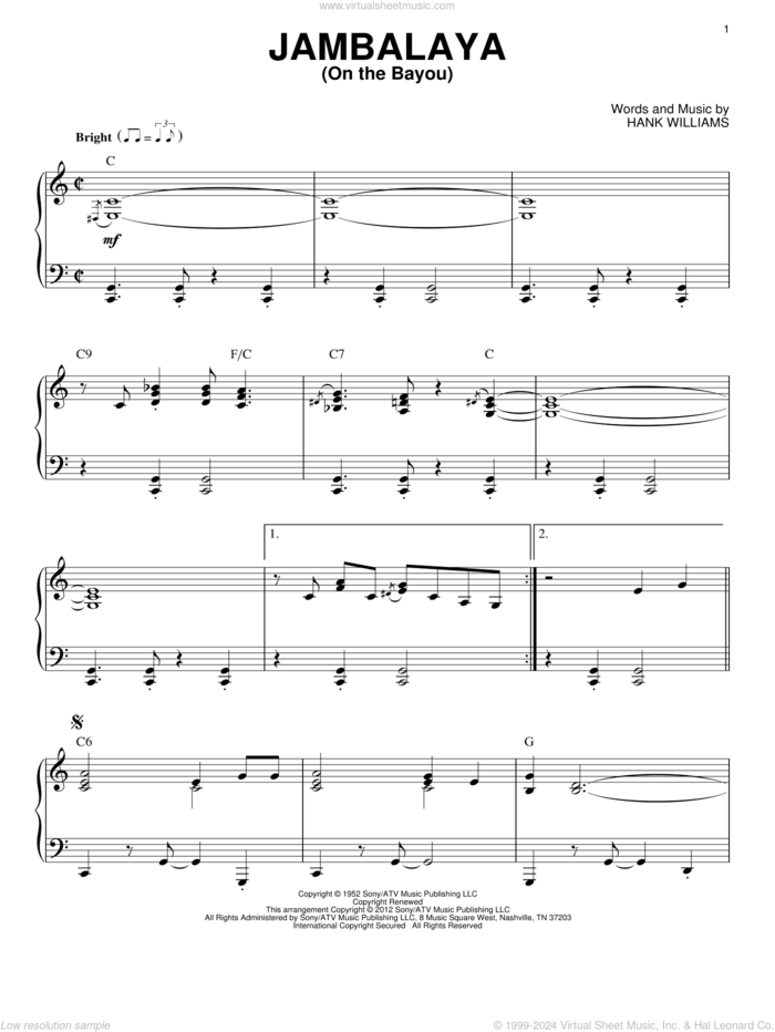 Jambalaya (On The Bayou) (arr. Brent Edstrom) sheet music for piano solo by Hank Williams, intermediate skill level