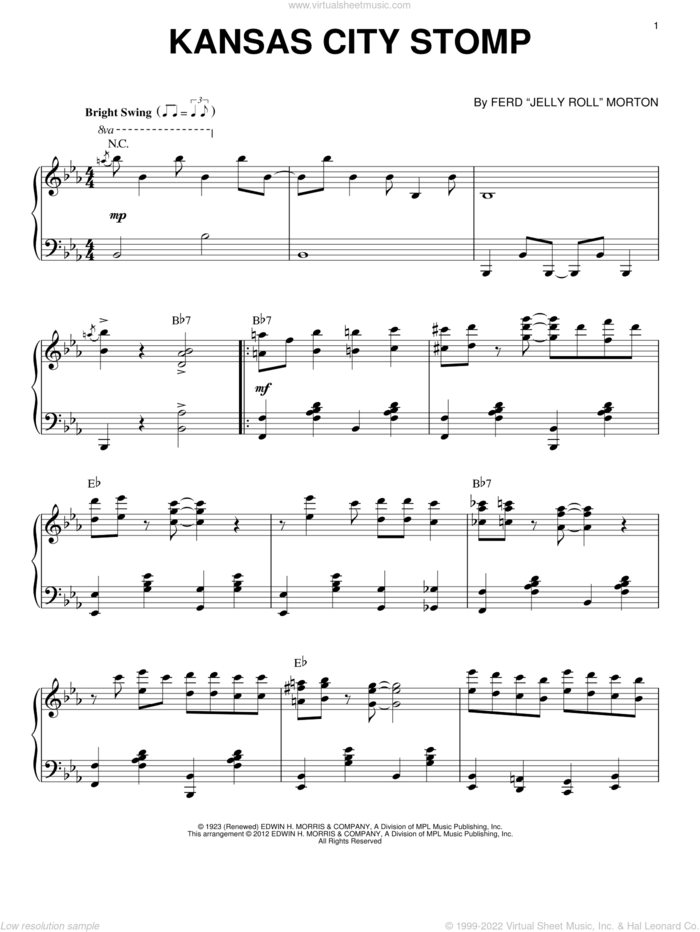 Kansas City Stomp (arr. Brent Edstrom) sheet music for piano solo by Jelly Roll Morton, intermediate skill level