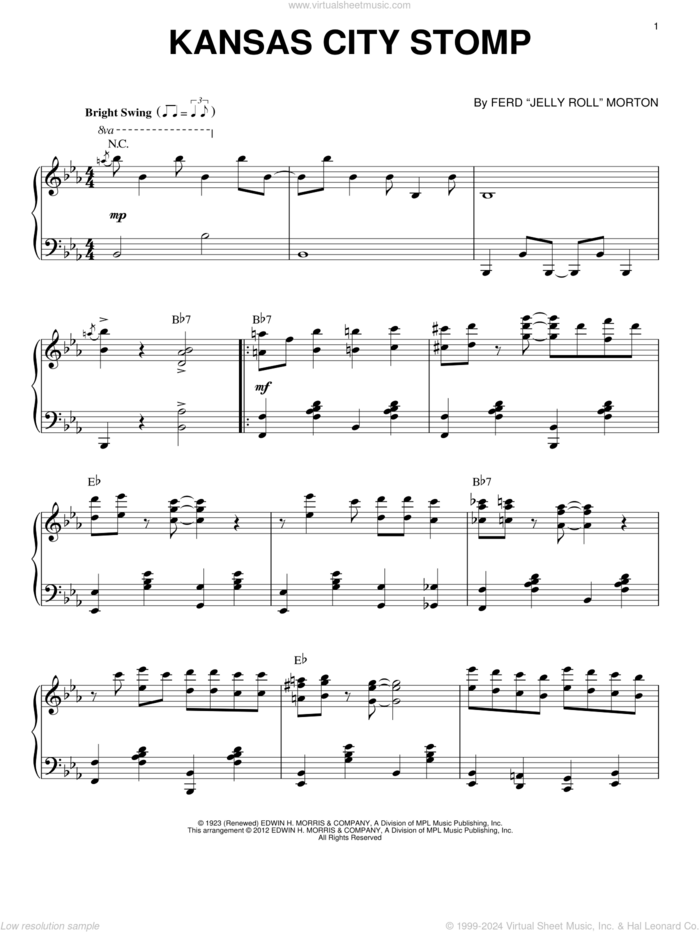 Kansas City Stomp (arr. Brent Edstrom) sheet music for piano solo by Jelly Roll Morton, intermediate skill level