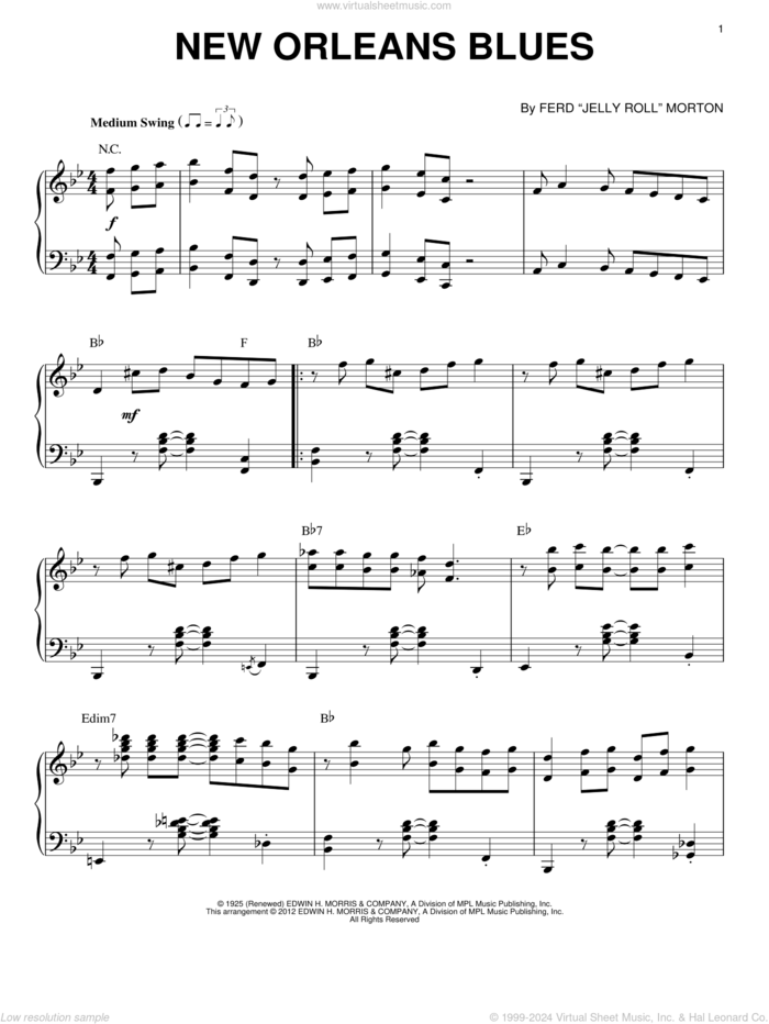 New Orleans Blues (arr. Brent Edstrom) sheet music for piano solo by Jelly Roll Morton, intermediate skill level