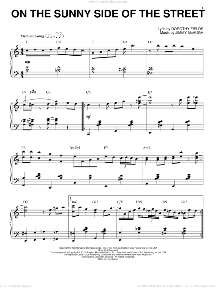 On The Sunny Side Of The Street (arr. Brent Edstrom) sheet music for piano solo by Louis Armstrong, Dorothy Fields and Jimmy McHugh, intermediate skill level