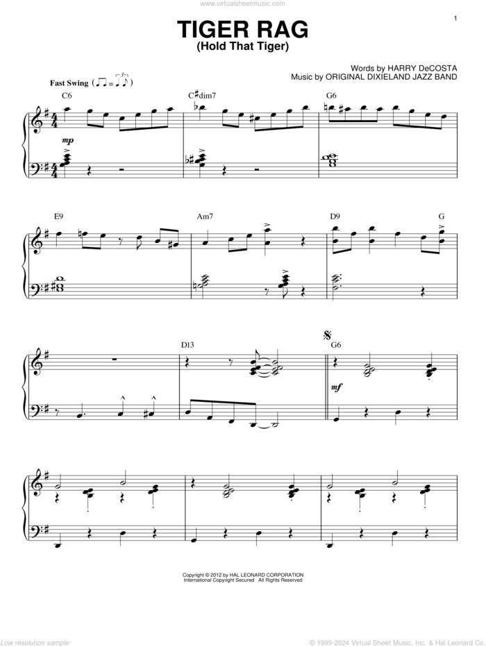 Tiger Rag (Hold That Tiger) (arr. Brent Edstrom) sheet music for piano solo by Original Dixieland Jazz Band, intermediate skill level