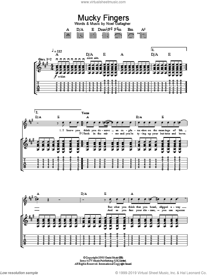 Mucky Fingers sheet music for guitar (tablature) by Oasis and Noel Gallagher, intermediate skill level