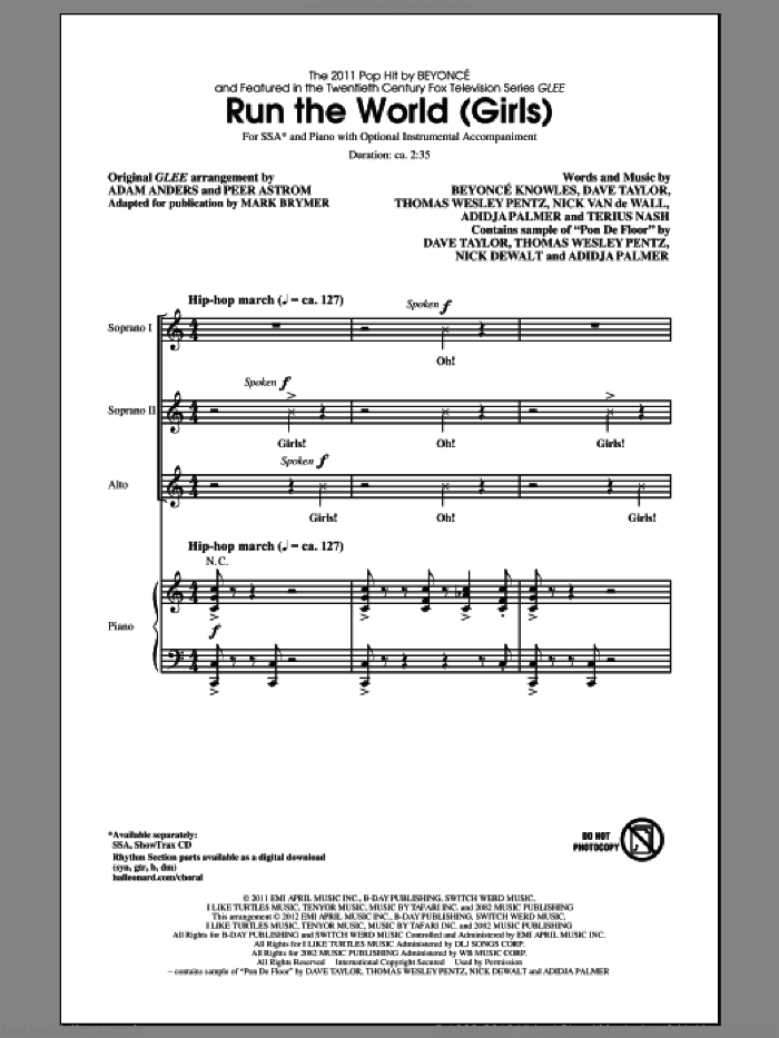 Run The World (Girls) sheet music for choir (SSA: soprano, alto) by Mark Brymer, Beyonce and Glee Cast, intermediate skill level