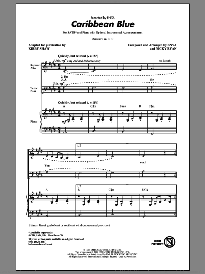 Caribbean Blue sheet music for choir (SATB: soprano, alto, tenor, bass) by Enya, Nicky Ryan and Kirby Shaw, intermediate skill level
