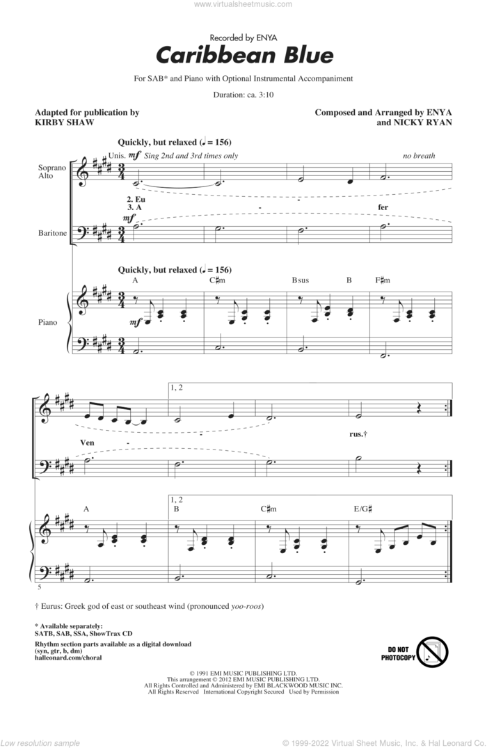 Caribbean Blue sheet music for choir (SAB: soprano, alto, bass) by Enya, Nicky Ryan and Kirby Shaw, intermediate skill level