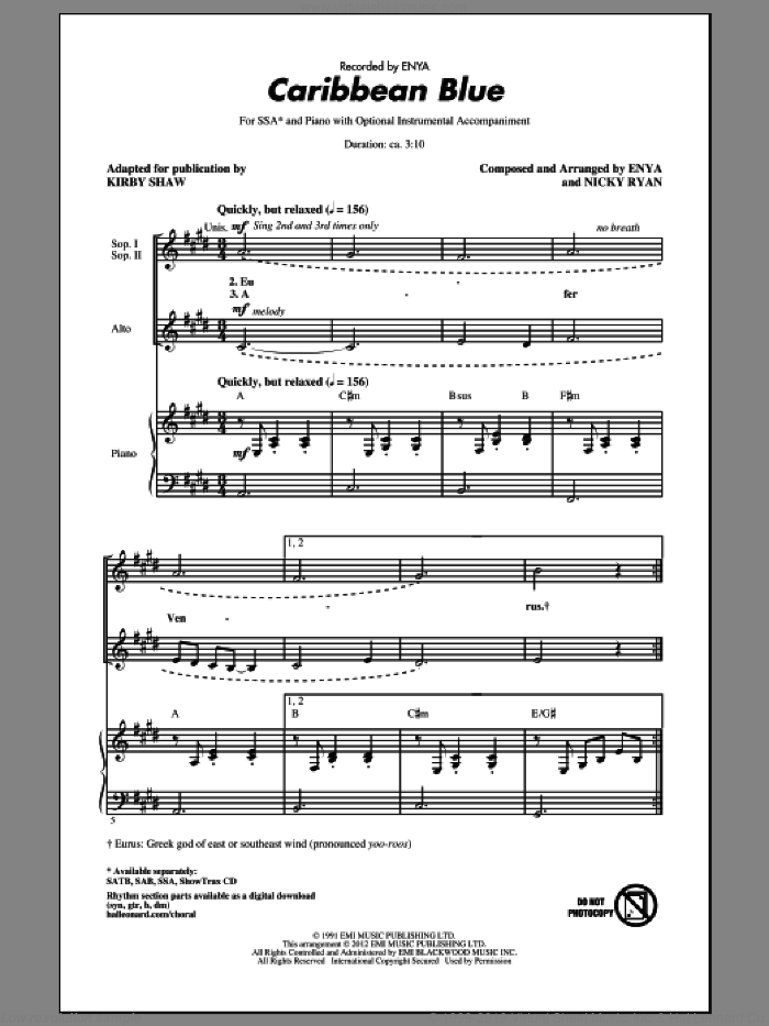 Caribbean Blue sheet music for choir (SSA: soprano, alto) by Enya, Nicky Ryan and Kirby Shaw, intermediate skill level